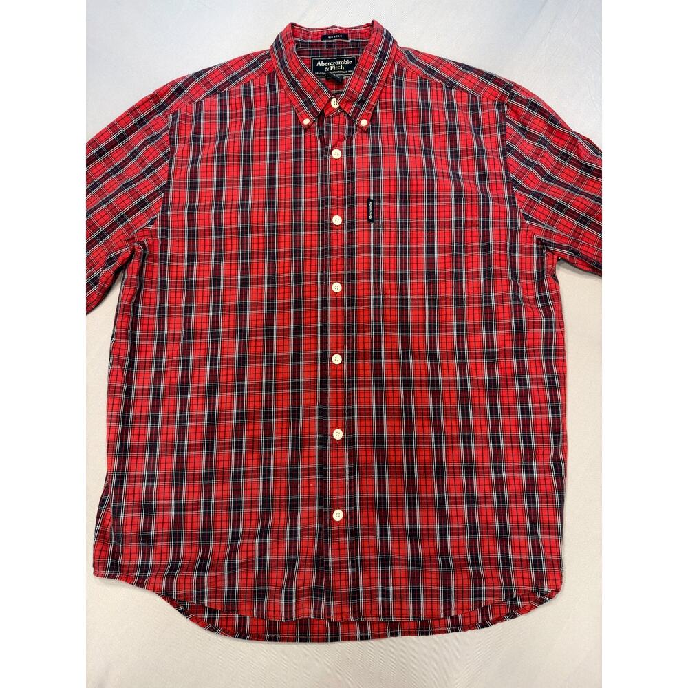 Vintage Abercrombie & Fitch Men's Muscle Fit Plaid Shirt L Striped Red Cotton